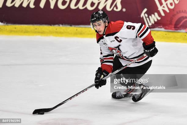 Nicolas Guay of the Drummondville Voltigeurs skates the puck against the Blainville-Boisbriand Armada during the QMJHL game at Centre d'Excellence...