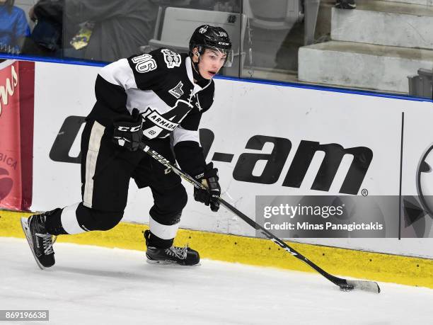 Luke Henman of the Blainville-Boisbriand Armada skates the puck against the Drummondville Voltigeurs during the QMJHL game at Centre d'Excellence...