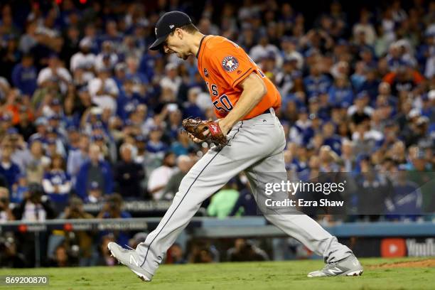 Charlie Morton of the Houston Astros celebrates after defeating the Los Angeles Dodgers in game seven with a score of 5 to 1 to win the 2017 World...