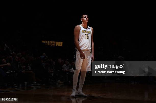 Nikola Jokic of the Denver Nuggets looks on during the game against the Toronto Raptors on November 1, 2017 at the Pepsi Center in Denver, Colorado....