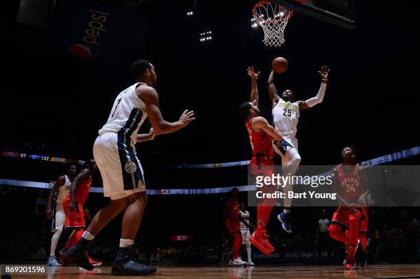 Malik Beasley of the Denver Nuggets drives to the basket against the Toronto Raptors on November 1, 2017 at the Pepsi Center in Denver, Colorado....
