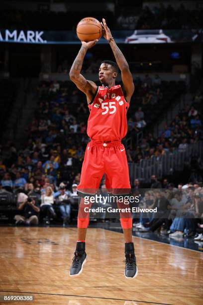 Delon Wright of the Toronto Raptors shoots the ball against the Denver Nuggets on November 1, 2017 at the Pepsi Center in Denver, Colorado. NOTE TO...