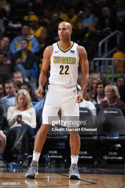 Richard Jefferson of the Denver Nuggets looks on during the game against the Toronto Raptors on November 1, 2017 at the Pepsi Center in Denver,...