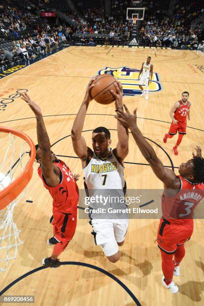 Trey Lyles of the Denver Nuggets drives to the basket against the Toronto Raptors on November 1, 2017 at the Pepsi Center in Denver, Colorado. NOTE...