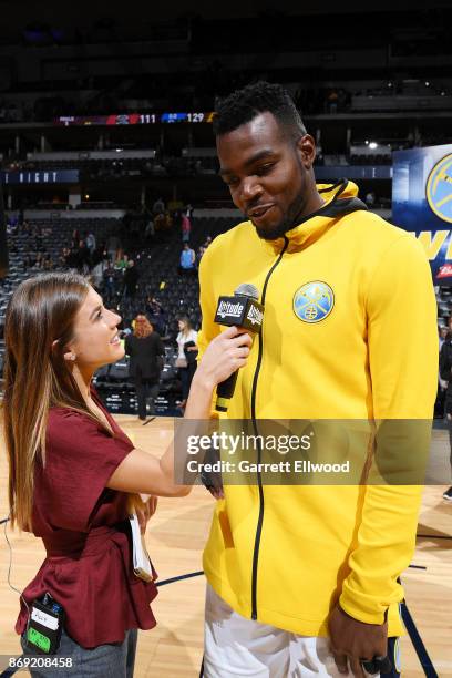 Paul Millsap of the Denver Nuggets talks to the media after the game against the Toronto Raptors on November 1, 2017 at the Pepsi Center in Denver,...
