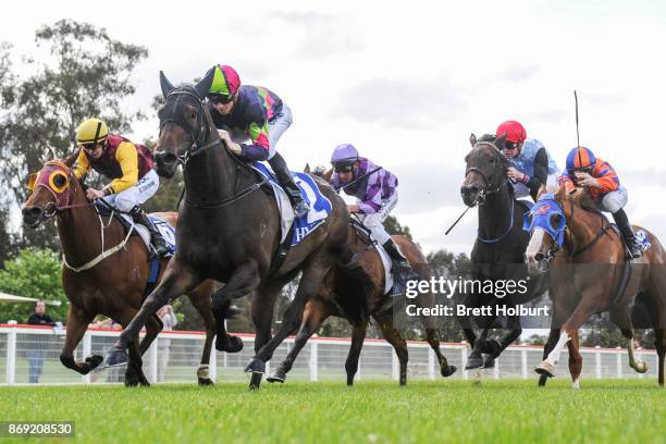 Love in the City ridden by Jye McNeil wins the Mitchelton Wines F&M BM64 Handicap at Seymour Racecourse on November 02, 2017 in Seymour, Australia.