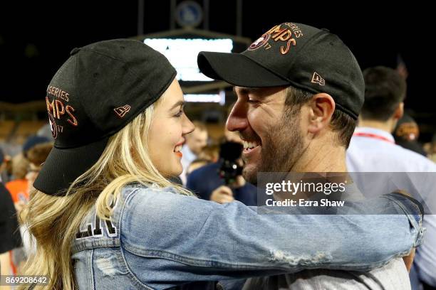 Justin Verlander of the Houston Astros celebrates with fiancee Kate Upton after the Astros defeated the Los Angeles Dodgers 5-1 in game seven to win...