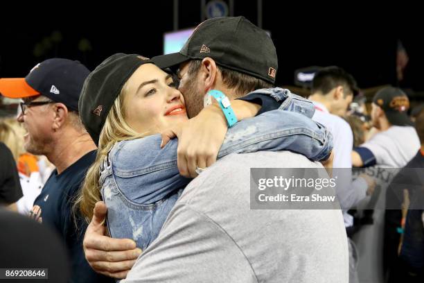 Justin Verlander of the Houston Astros celebrates with fiancee Kate Upton after the Astros defeated the Los Angeles Dodgers 5-1 in game seven to win...