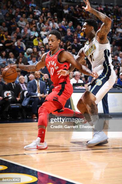 DeMar DeRozan of the Toronto Raptors handles the ball against the Denver Nuggets on November 1, 2017 at the Pepsi Center in Denver, Colorado. NOTE TO...