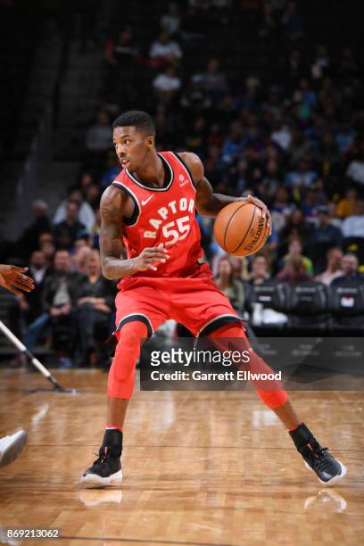 Delon Wright of the Toronto Raptors handles the ball against the Denver Nuggets on November 1, 2017 at the Pepsi Center in Denver, Colorado. NOTE TO...