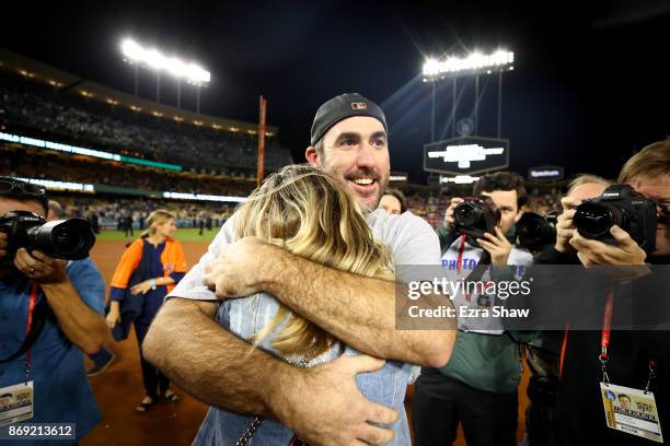 Justin Verlander of the Houston Astros celebrates with fiancee Kate Upton after the Astros defeated the Los Angeles Dodgers 5-1 in game seven to win...