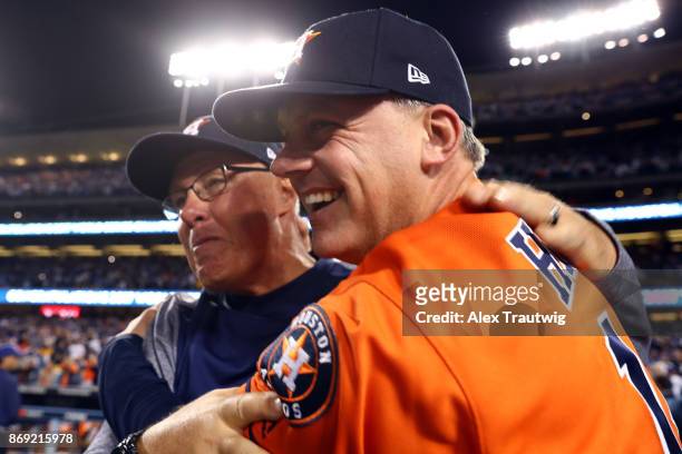 Manager A.J. Hinch of the Houston Astros celebrates on the field after the Astros defeated the Los Angeles Dodgers in Game 7 of the 2017 World Series...