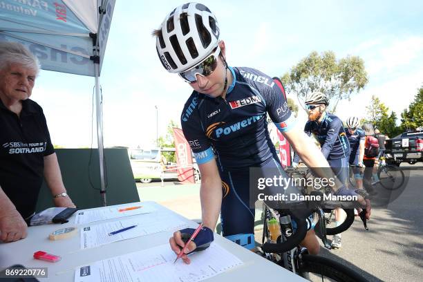 Brad Evans of Dunedin, Powernet , signs in during stage 4 of the 2017 Tour of Southland on November 2, 2017 in Invercargill, New Zealand.