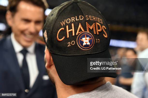 Detail shot of a 2017 World Series championship hat on a Houston Astros player after Game 7 of the 2017 World Series against the Los Angeles Dodgers...
