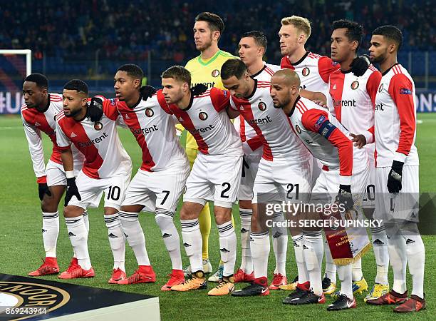 Feyenoord's team players Feyenoord's Dutch defender Ridgeciano Haps, Feyenoord's Dutch midfielder Tonny Vilhena, Feyenoord's Dutch striker Jean-Paul...