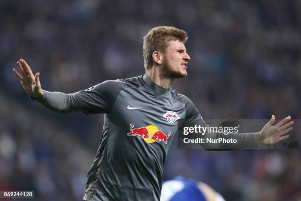 Forward Timo Werner of Leipzig celebrates after scoring a goal during the UEFA Champions League Group G match between FC Porto and RB Leipzig at...