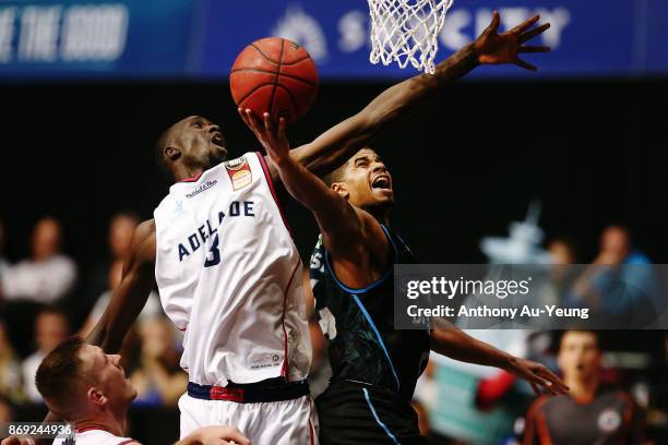 Edgar Sosa of the Breakers goes up against Majok Deng of the 36ers during the round five NBL match between the New Zealand Breakers and the Adelaide...