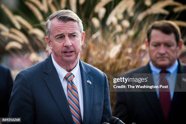 Republican gubernatorial nominee Ed Gillespie, speaks to the media during a press conference at the Fairfax County Government Center on Thursday,...