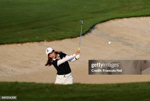 Xi Yu Lin of China plays her second shot on the 10th hole during Day Two of the Fatima Bint Mubarak Ladies Open at Saadiyat Beach Golf Club on...