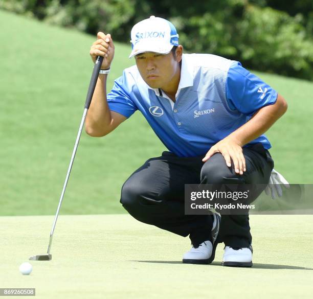 Japanese golfer Hideki Matsuyama lines up a putt during the PGA Championship in August 2017 in Charlotte, North Carolina. Matsuyama is scheduled to...