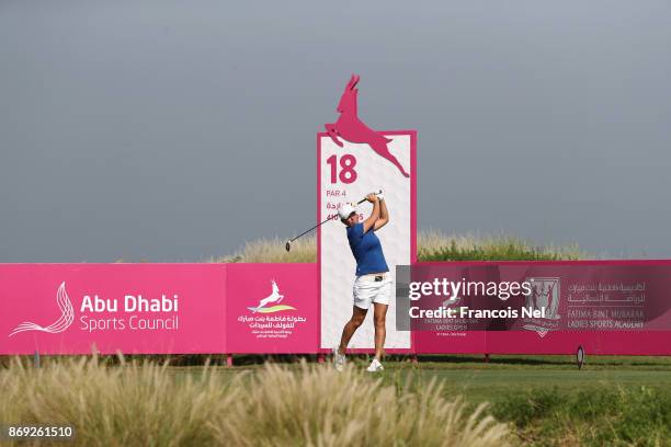 Lee-Anne Pace of South Africa tees off on the 18th hole during Day Two of the Fatima Bint Mubarak Ladies Open at Saadiyat Beach Golf Club on November...