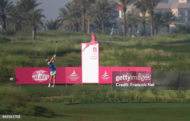 Florentyna Parker of England tees off on the 11th hole during Day Two of the Fatima Bint Mubarak Ladies Open at Saadiyat Beach Golf Club on November...