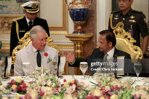 Prince Charles, Prince of Wales and the Sultan of Brunei attend a high tea at the Sultan of Brunei's Palace on November 2, 2017 in , Bandar Seri...