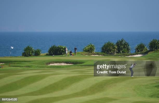 Pedro Oriol of Spain plays a shot on the 9th hole on Day Two of the NBO Golf Classic Grand Final - European Challenge Tour at Al Mouj Golf on...