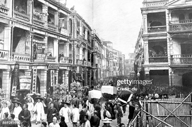 people walking in a shopping street in hong kong - archival business stock illustrations