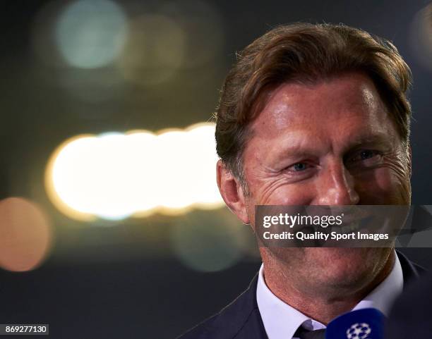 Ralph Hasenhuttl the manager of RB Leipzig looks on prior to the UEFA Champions League group G match between FC Porto and RB Leipzig at Estadio do...