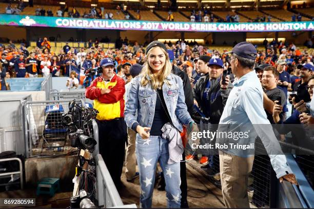 Model Kate Upton a looks on after the Astros defeated the Los Angeles Dodgers in Game 7 of the 2017 World Series at Dodger Stadium on Wednesday,...