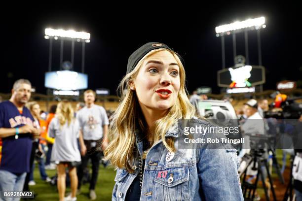 Model Kate Upton a looks on after the Astros defeated the Los Angeles Dodgers in Game 7 of the 2017 World Series at Dodger Stadium on Wednesday,...