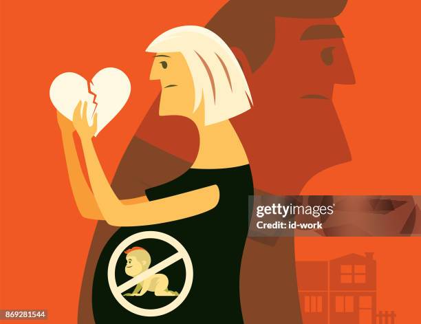 pregnant mother with broken heart and no baby warning sign - lost generation stock illustrations