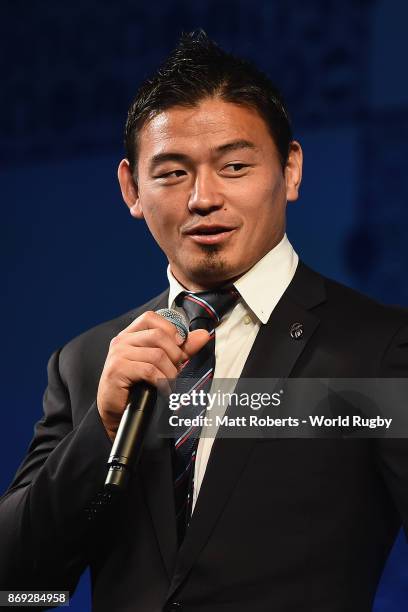 Ayumu Goromaru speaks on stage during the Rugby World Cup 2019 match schedule announcement at Grand Prince Hotel Shin Takanawa on November 2, 2017 in...