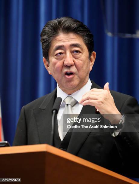 Re-elected Japanese Prime Minister Shinzo Abe speaks during a press conference at his official residence on November 1, 2017 in Tokyo, Japan. The...