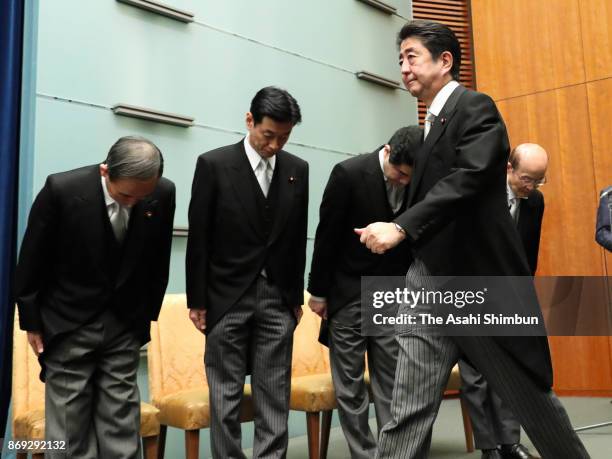 Re-elected Japanese Prime Minister Shinzo Abe attends a press conference at his official residence on November 1, 2017 in Tokyo, Japan. The ruling...