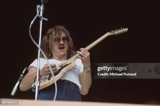 American singer-songwriter and guitarist Joe Walsh of rock band Eagles performs live on stage at Wembley Stadium, London, 14th September 1974.