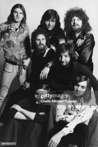 Rock group Electric Light Orchestra, February 1975. Not in order: singer and musician Jeff Lynne, drummer Bev Bevan, keyboard player Richard Tandy,...