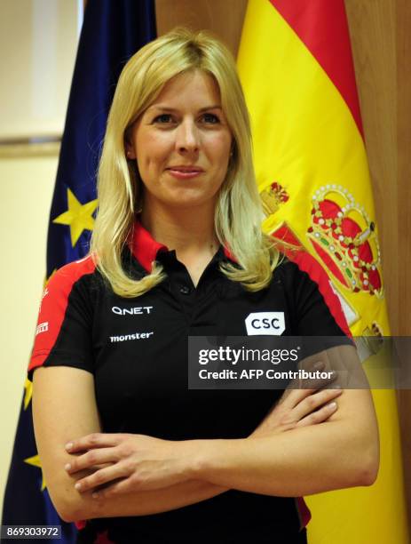 Formula One team Marussia driver Maria De Villota of Spain arrives to give a press conference in Madrid on March 9, 2012. AFP PHOTO/JAVIER SORIANO. /...