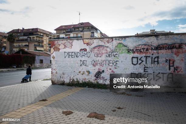 Writing on the wall: "Ostia is fascista" during the protest against the evictions and deterioration of the suburb of Rome on October 31, 2017 in...