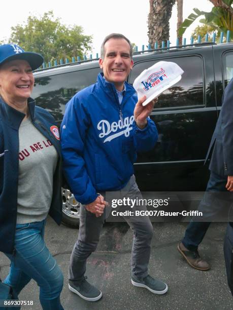 Eric Garcetti is seen arriving to Game 7 of the 2017 World Series between the Houston Astros and the Los Angeles Dodgers at Dodger Stadium on...