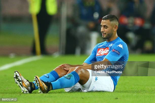 Faouzi Ghoulam of Napoli after suffering a knee injury during the UEFA Champions League football match Napoli vs Manchester City on November 1, 2017...