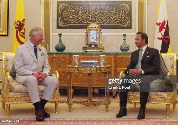 The Prince of Wales is accompanied by His Majesty Hassanal Bolkiah, The Sultan of Brunei at the Istana Nurul Iman, in Brunei, during an 11-day autumn...