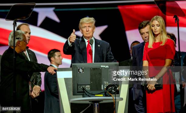 American real estate developer and presidential candidate Donald Trump on stage during the sound check on the final day of the Republican National...