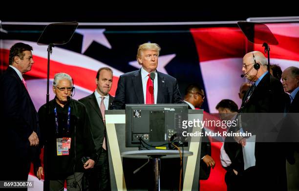 American real estate developer and presidential candidate Donald Trump on stage during the sound check on the final day of the Republican National...