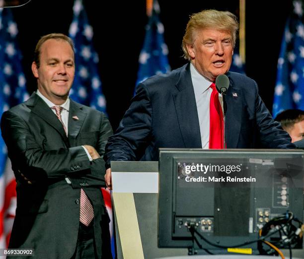 American campaign advisor Rick Gates and real estate developer & presidential candidate Donald Trump on stage during the sound check on the final day...