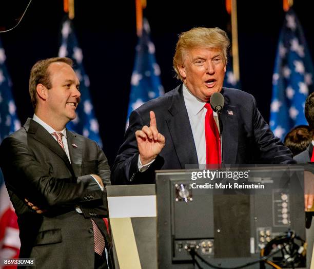 American campaign advisor Rick Gates and real estate developer & presidential candidate Donald Trump on stage during the sound check on the final day...