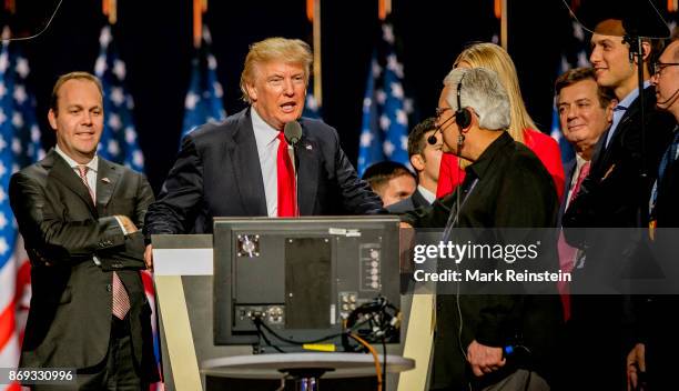 American real estate developer and presidential candidate Donald Trump on stage during the sound check on the final day of the Republican National...