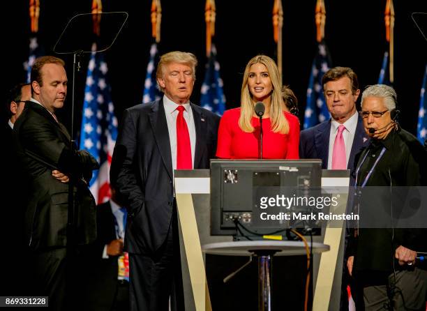 American real estate developer and presidential candidate Donald Trump and his daughter, Ivanka Trump, on stage during the sound check on the final...