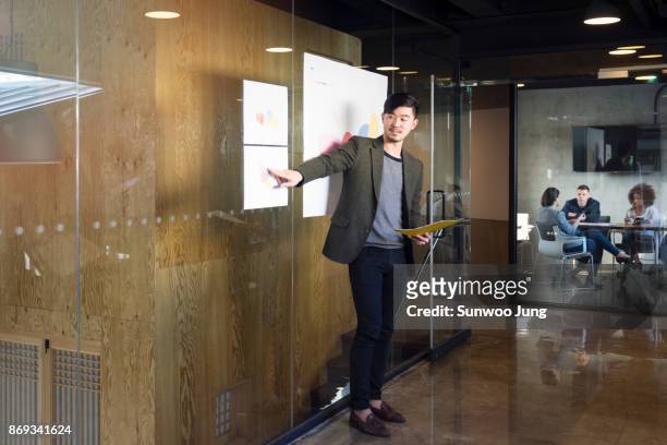 creative professional with visual reference leading presentation - korean man 個照片及圖片檔